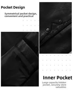 Detailed view of leather jacket featuring symmetrical outer pockets and a large inner pocket