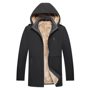 Men's black hooded winter parka with thick warm fleece lining and windproof fabric
