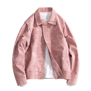 Men's vintage pink faux leather jacket with classic lapel and ribbed cuffs in flat lay
