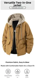 Detail of khaki cargo jacket featuring grey layered hoodie design and buttoned pockets