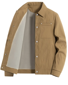 Detailed view of the khaki casual jacket featuring a classic collar and metallic snap buttons
