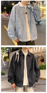 Detailed view of the washed tie-dye fabric and metal zipper on men's vintage jackets