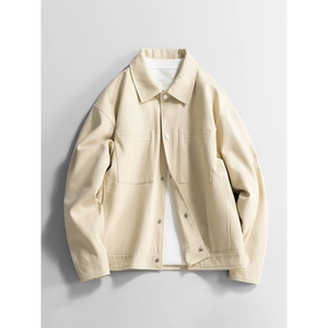 Men's casual work jacket in beige cotton fabric with windproof design and metal buttons