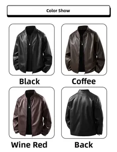 Color display of men's stand collar leather jackets in black, coffee, and wine red tones