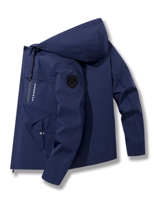 Men's dark blue hooded work jacket with sport embroidery and a windproof design