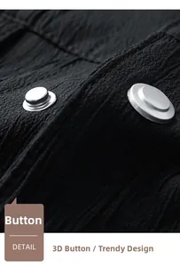 Detailed macro view of 3D metallic buttons on black textured fabric jacket