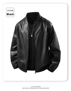 Detail showing high-quality black leather jacket material with stand collar and sleek zipper