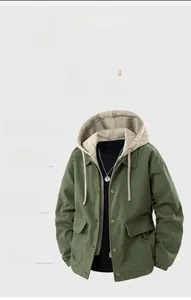 Detail of olive green jacket featuring heating lining for thermal warmth and large pockets