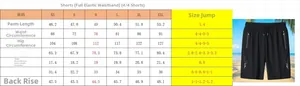 Detailed size chart for breathable black athletic shorts with elastic drawstring waist