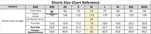 Detailed size chart for men quick-dry sports shorts ranging from size XXS to XXXL