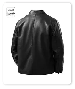 Back view of black stand collar leather jacket with metal zippers on sleeves and fine texture