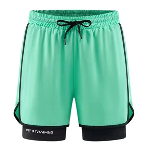 Mint green 2-in-1 quick-dry running shorts with black compression liner and drawstring waist