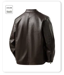 Back view of men's dark brown leather jacket with stand collar and zipper detail