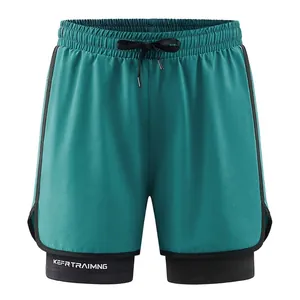 Men's 2-in-1 quick-dry sports shorts in teal with black compression liner and drawstring