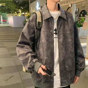 Men's Retro Washed Marble Print Faux Suede Jacket Zip Up Stand Collar Loose Fit Streetwear Jacket For Autumn Casual Outerwear