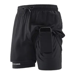 Men's double-layer quick-dry athletic shorts in black with phone pocket and drawstring
