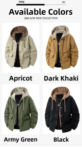 Men's hooded utility jacket detail showing available colors apricot khaki army green and black