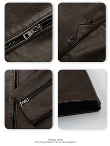 Detailed views of dark brown leather jacket features including zippers and stitching
