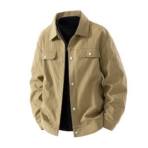 Men Casual Jacket Polyester Textured 3D Pleated Lapel Single Breasted Windproof Outerwear Urban Fashion Men Coat Khaki Black