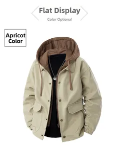 Detail of almond faux two-piece jacket with brown hood and large flap pocket with metal button