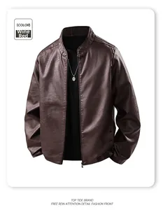 Detailed close-up of wine red leather jacket material and stand collar design