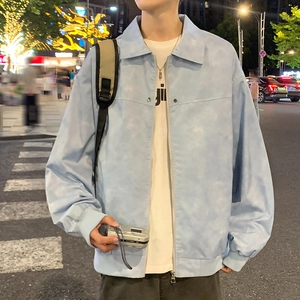 Light blue marble print outdoor jacket with metal zipper for men in urban street style