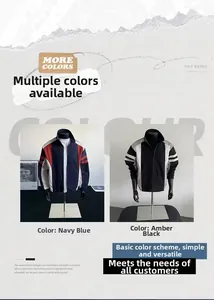 Detail view of retro 90s color block jackets in navy blue and black with stand collar