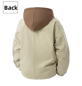 Back view of a khaki hooded cargo jacket with brown color-block design and ribbed cuffs