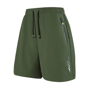 Olive green athletic shorts with elastic drawstring waist and fluorescent green zip pocket