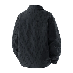 Men's black lapel work jacket with unique wavy pleated texture shown from a 45-degree back view