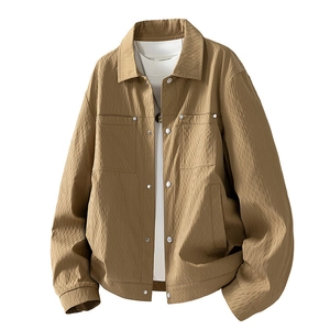 Men's tan casual jacket with vertical crinkle texture, lapel collar, and silver snaps