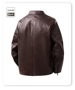 Macro shot of dark brown leather jacket back showing texture and stitching details