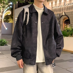 Men's outdoor stand collar jacket with dark marble print and ribbed cuffs in urban setting