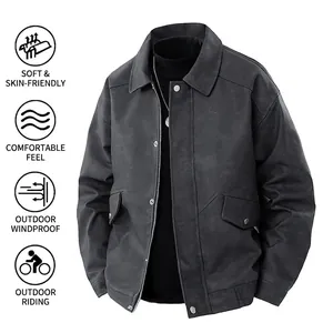 Men's retro loose PU leather jacket in dark grey with soft windproof matte finish