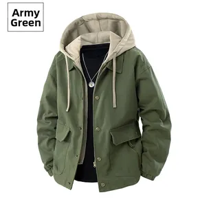 Detail of army green cargo jacket with fake two-piece hooded design and snap buttons
