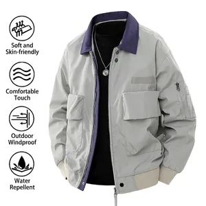 Men's retro pilot jacket with navy collar, grey-blue colorblock and utility pockets