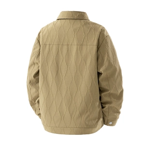 Men's khaki lapel cargo jacket with diamond texture jacquard, back view on white background