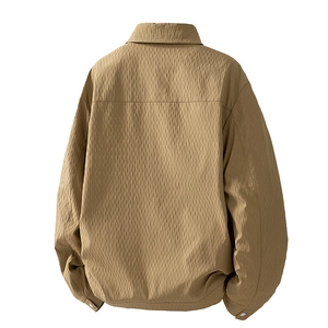 Men's khaki casual jacket with textured fabric and turn-down collar, rear view display
