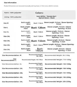 Detailed size chart for polyester jacket featuring M-5XL measurements and color options