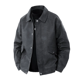 Men's vintage American style loose PU leather jacket with lapel in dark gray matte finish