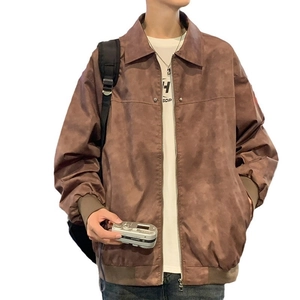 Brown faux suede jacket with retro vintage texture featuring a zipper closure and ribbed trim