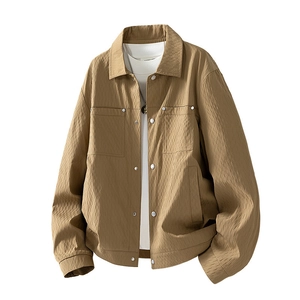 Men's khaki lapel casual jacket with vintage workwear style and metallic snap pockets