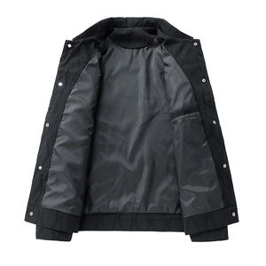 Men's black cargo jacket with pleated texture, silver snap buttons and grey silk lining