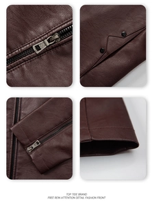 Detail of dark reddish-brown leather jacket showing metal zippers and pocket stitching