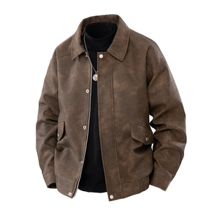 Retro American brown faux leather bomber jacket with lapel collar and large flap pockets