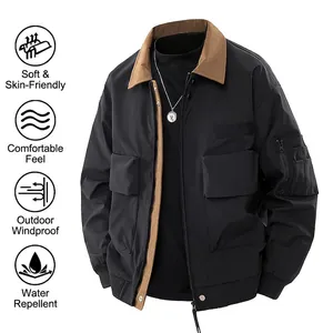 Men's retro pilot jacket featuring contrast corduroy collar and functional cargo pockets