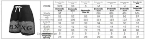 Detailed size chart for men's contrast sports shorts with length and waist measurements