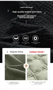 Detail of black seersucker fabric and a comparison of regular and quilted linings