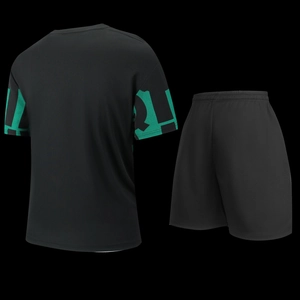 Detail of black sports T-shirt back view with green geometric sleeve patterns