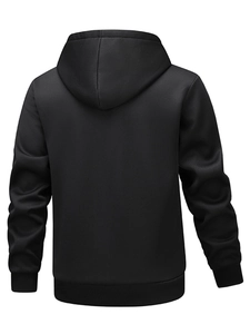 Back view of classic black men hoodie featuring ribbed hem and cuffs in high quality fabric